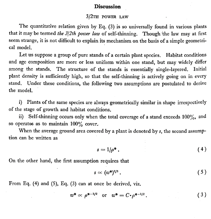 Self-thinning conceptual figure: plant density declines as a power function of mean plant mass during stand development